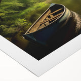 Art deco poster of a rowboat on calm waters, executed in muted blues and grays on rolled canvas.