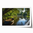 Rolled print of a rowboat on a calm lake in muted blue and gray tones, ideal for dining room wall art.