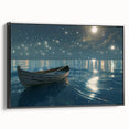 Black and white framed canvas featuring a vintage rowboat landscape, ideal for bedroom wall decor.