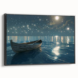 Black and white framed canvas featuring a vintage rowboat landscape, ideal for bedroom wall decor.