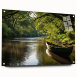 Acrylic print of a side view of a rowboat, in muted blue and gray tones, ideal for bedroom or dining room wall art.