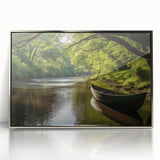 Art deco poster of a rowboat on calm water, in muted blue and gray tones, framed in silver acrylic.