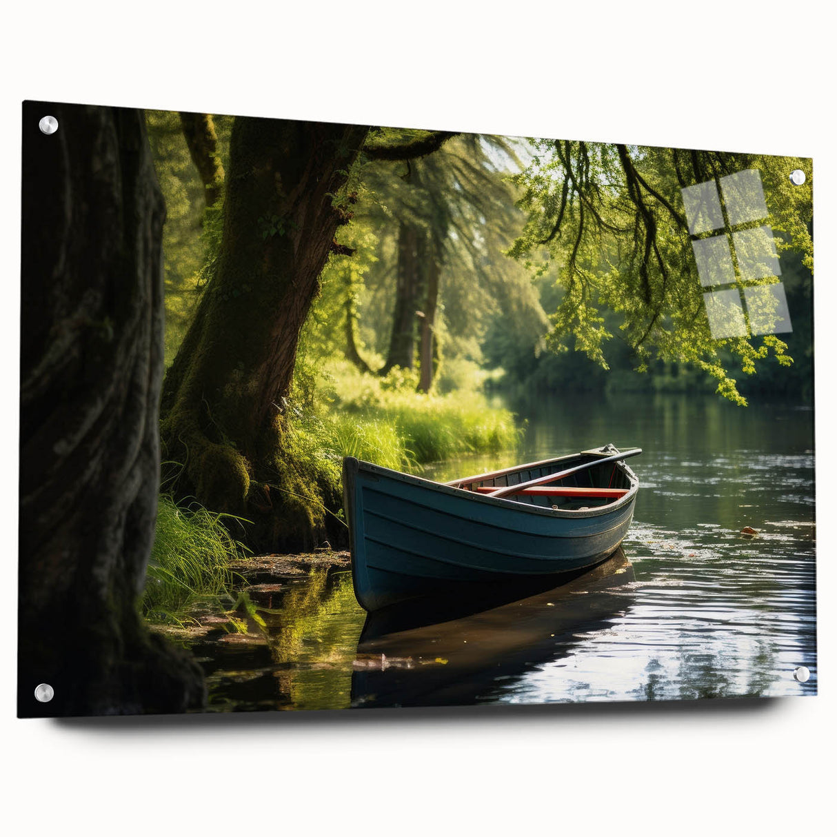 Acrylic print of a rowboat on calm waters in muted blue and gray tones, suitable for dining room decor.