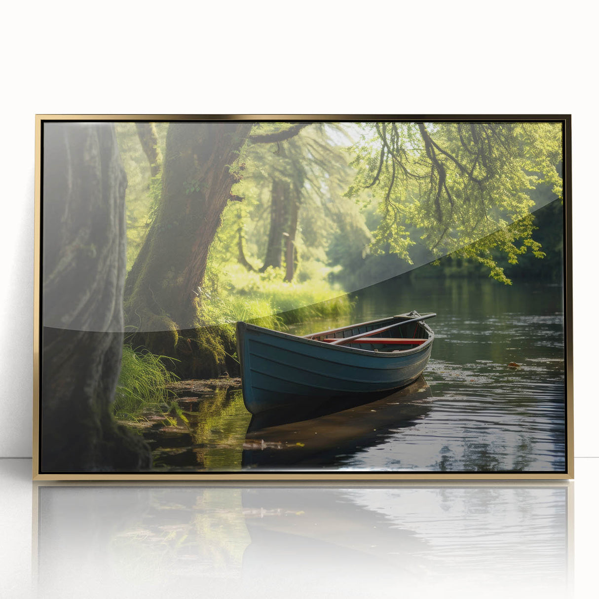 Mid-century modernist art of a rowboat in neutral tones on a framed acrylic, ideal for nursery wall decor.