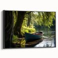 Black and white framed canvas of a vintage rowboat on a calm lake, ideal for bedroom wall art.