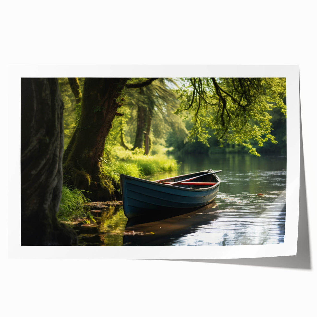 Rolled print of a rowboat on a calm lake in muted blue and gray tones, ideal for art wall dining room.