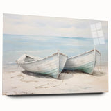 Acrylic print of a side view of a rowboat in muted blue and gray, ideal for bedroom or dining room decor.