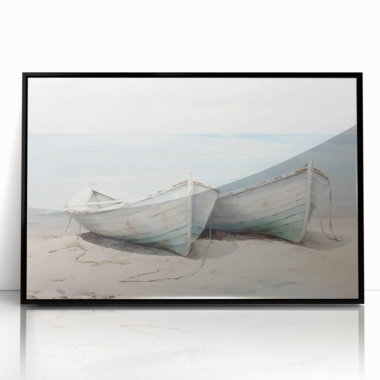 Large abstract wall art featuring a rowboat in muted blue and gray tones on a framed acrylic.