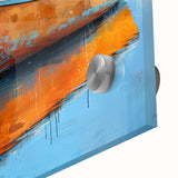 Mid-century modernist style acrylic print of abstract rowboats in cool blue and gray tones, ideal for dining room art.