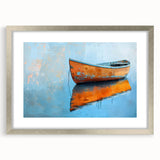 Abstract art print of a rowboat in muted blue and gray tones on a framed canvas, ideal for dining room decor.