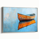 Vintage poster art of a rowboat on water in muted black and silver tones, framed canvas, ideal for living room decor.