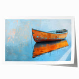 Extra large wall art featuring a rowboat on calm waters, rendered in soft blues and grays, ideal for dining room ambiance.