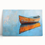 Black and white photo of a rowboat on water, printed on large stretched canvas, ideal for kitchen wall art.