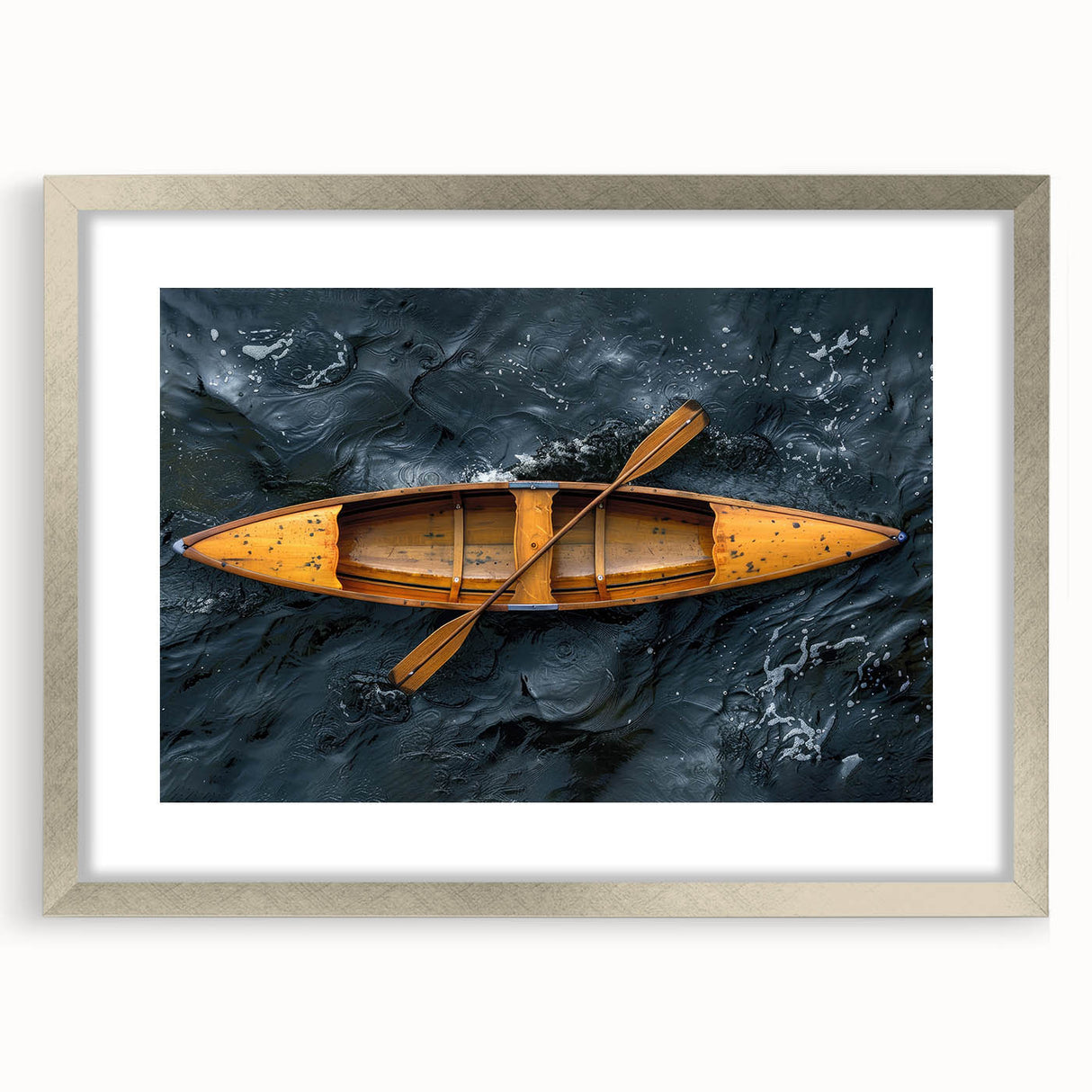 Abstract art print of a rowboat in muted blue and gray tones on a silver-framed canvas, ideal for dining room decor.