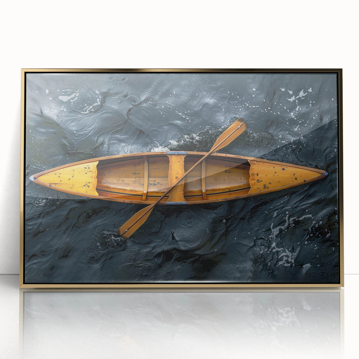 Mid-century modernist art depicting a rowboat on calm water, in soft blue and gray tones, framed in gold acrylic.
