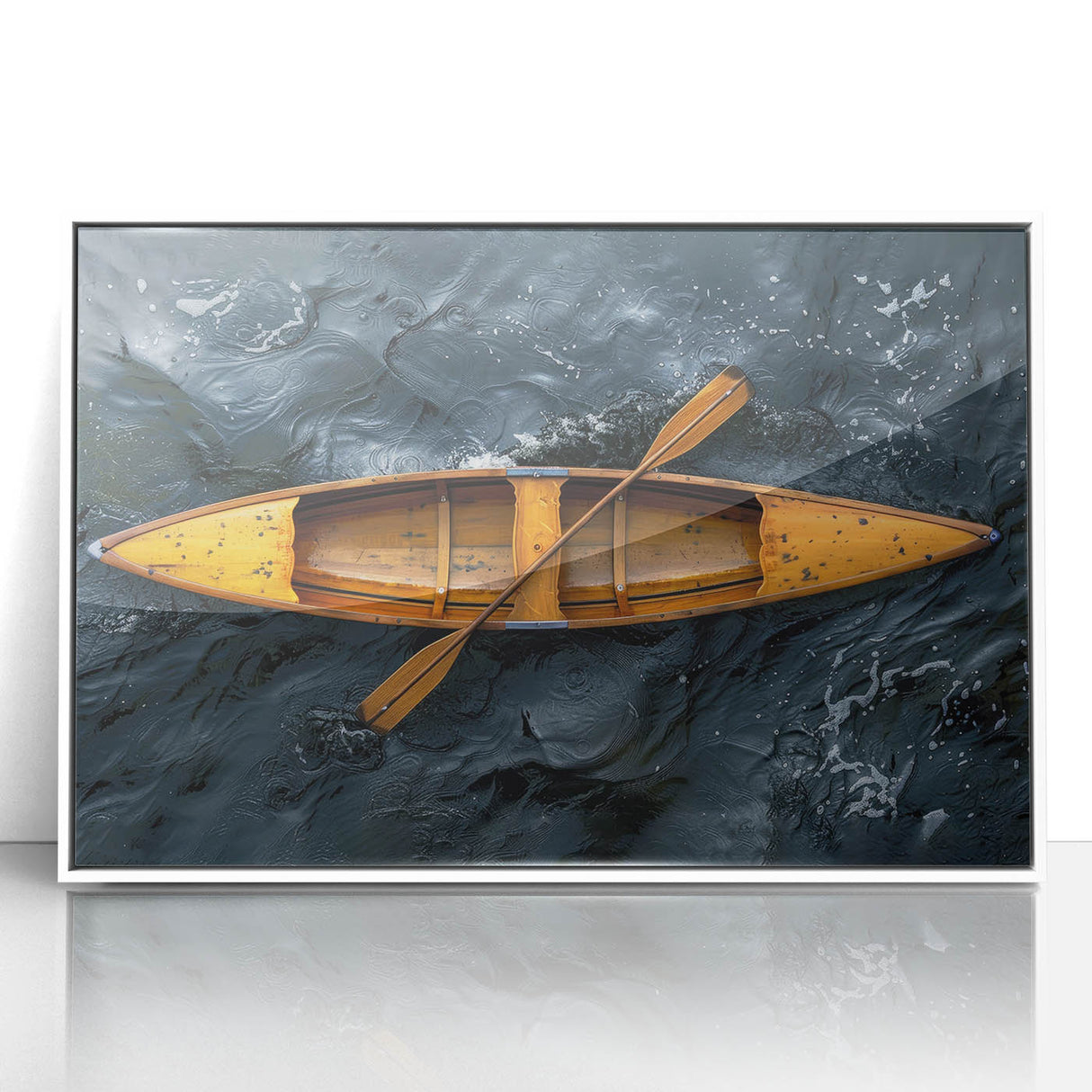 Mid-century modernist art of a rowboat on calm waters, rendered in soft blue tones on a framed acrylic.