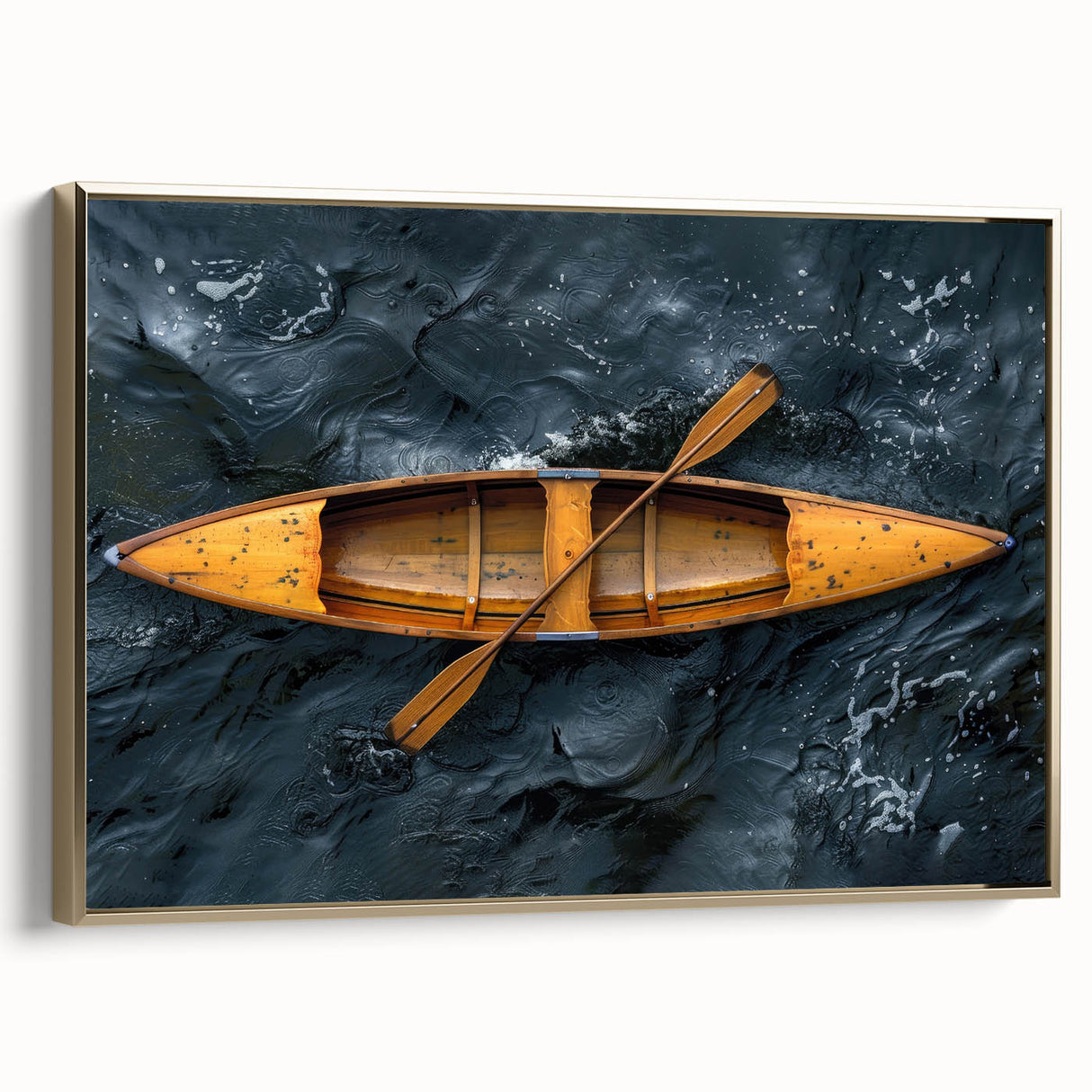 Framed canvas landscape art depicting a vintage rowboat in muted black and gold tones, suitable for a study or office wall.