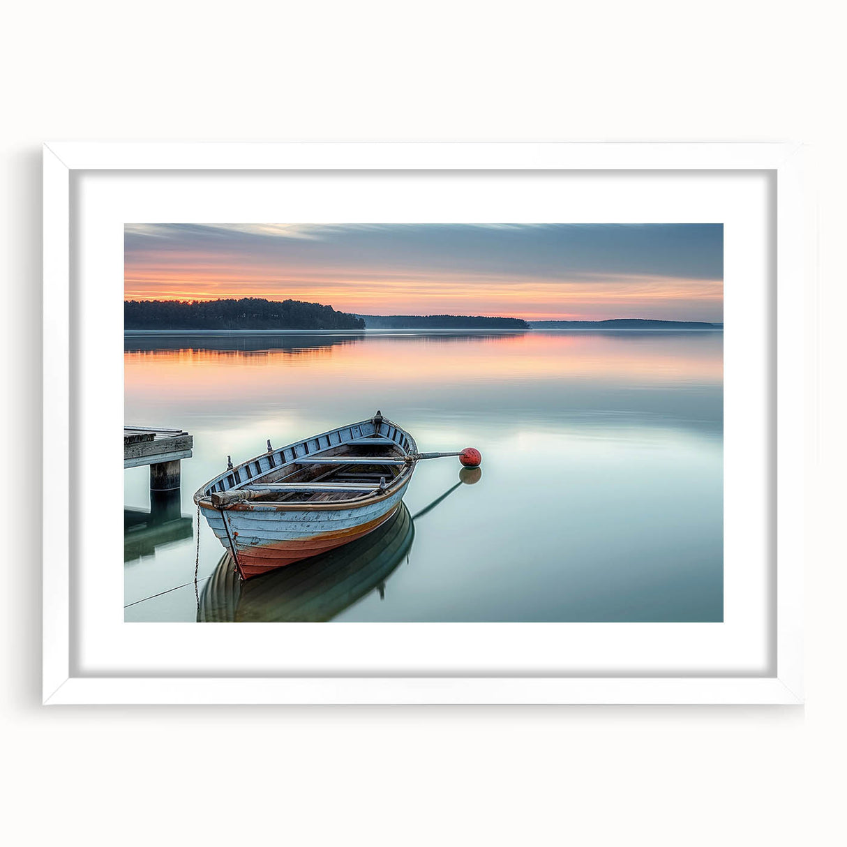 Extra large abstract art print featuring a textured rowboat, in muted gray and blue tones on a white framed canvas.