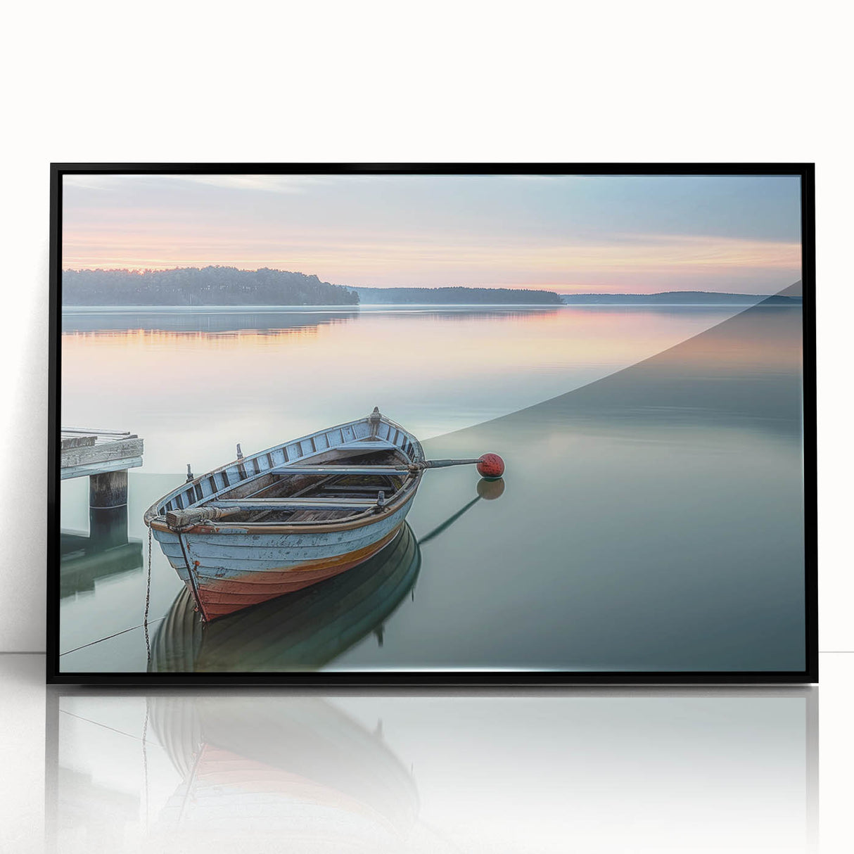 Large abstract wall art of a rowboat, rendered in muted gray and black tones on acrylic, framed in black.