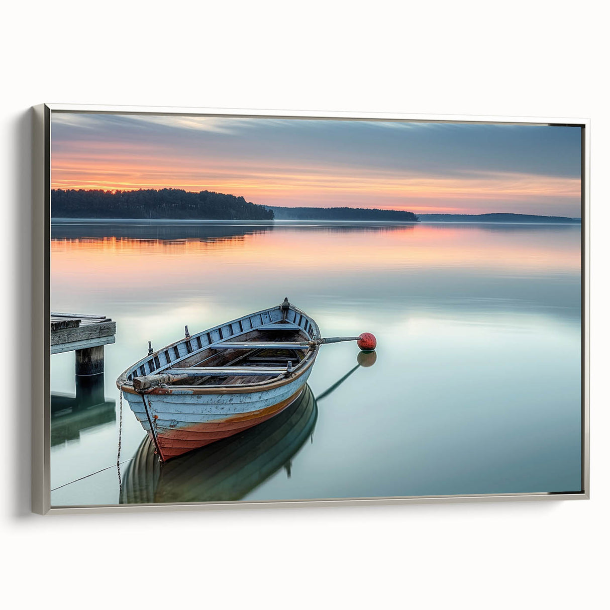 Vintage poster art of a rowboat on a lake in muted gray and black tones, framed canvas, ideal for living room decor.
