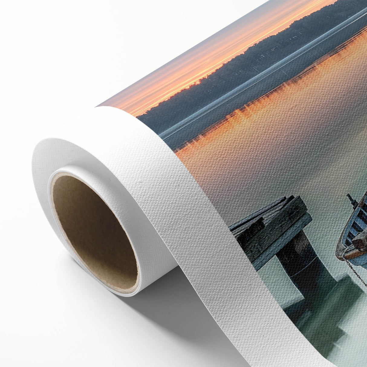 Art deco poster of a rowboat on calm water, rendered in soft blue and gray tones, on rolled canvas.