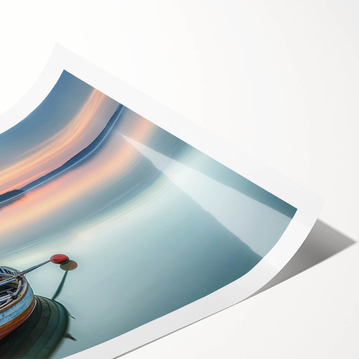 Extra large wall art featuring a rowboat on a calm lake, rendered in subtle blue and gray tones on rolled canvas.