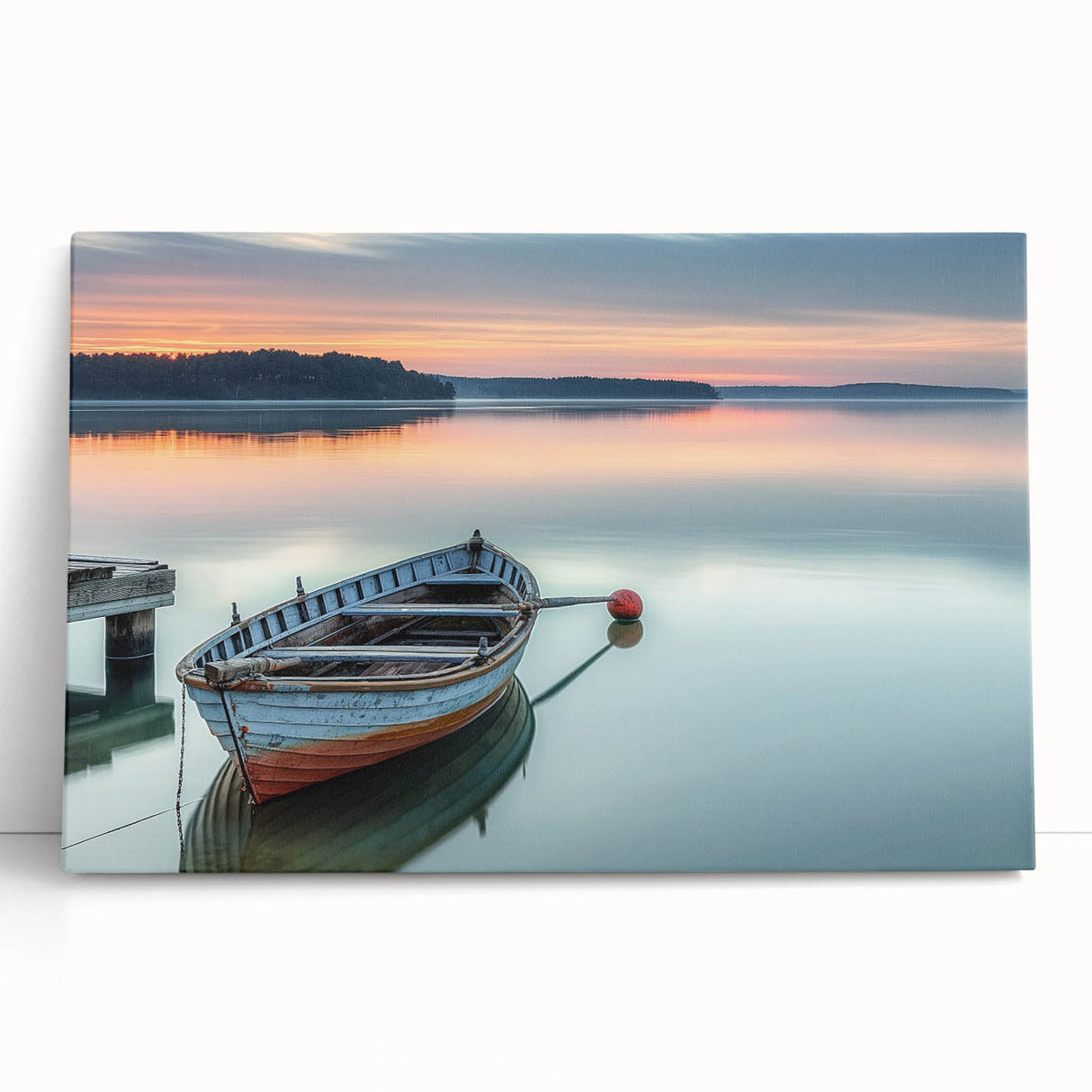 Black and white photo of rowboats on water, printed on large stretched canvas, ideal for kitchen wall art or bedroom decor.