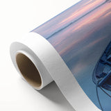 Art deco style poster of a rowboat on water in muted blue and gray tones on rolled canvas, ideal for nursery wall art.