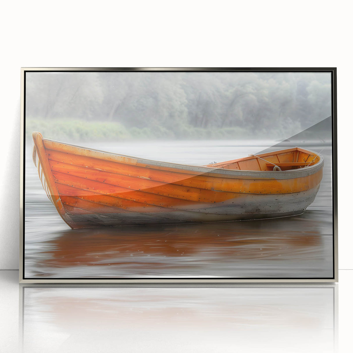 Art deco poster of a rowboat in muted blues and grays, acrylic print in silver frame, suitable for modern nursery wall decor.