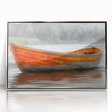 Art deco poster of a rowboat in muted blues and grays, acrylic print in silver frame, suitable for modern nursery wall decor.