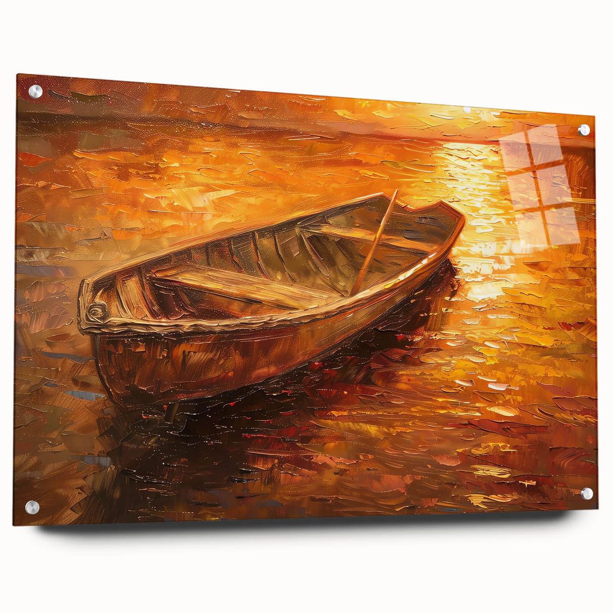 Acrylic print of a side view of a rowboat, in earthy tones, suitable for bedroom or dining room decor.