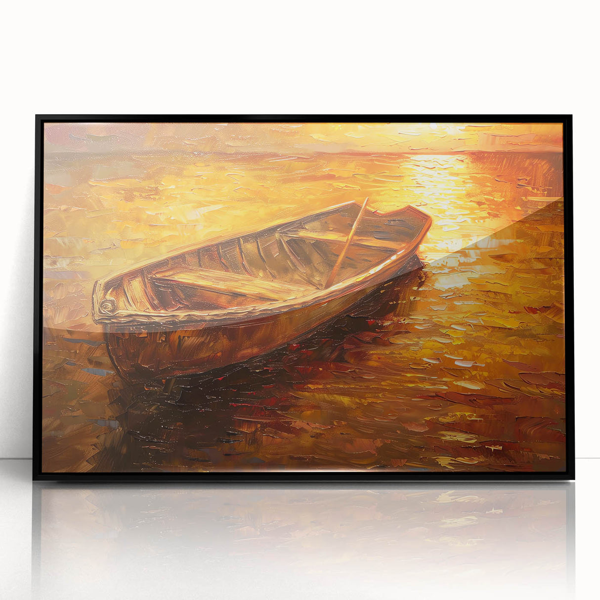 Large abstract wall art depicting a rowboat, in muted blues and grays on acrylic, framed in black.