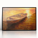 Large abstract wall art depicting a rowboat, in muted blues and grays on acrylic, framed in black.