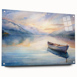 Acrylic print of a rowboat on serene water in muted blue and gray tones, suitable for dining room decor.