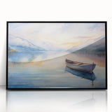 Large abstract wall art featuring a rowboat, rendered in mid-century modernist style on black framed acrylic.