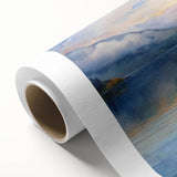 Art deco poster of a rowboat on calm water, rendered in muted blues and grays on rolled canvas, ideal for nursery wall art.