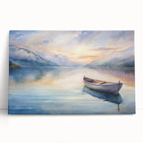 Black and white photo of a rowboat on water, printed on a large stretched canvas.