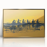 Mid-century modernist art featuring a rowboat, rendered in muted earth tones on a framed acrylic panel.