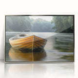 Art deco poster featuring a rowboat in muted blue tones, framed in silver acrylic, suitable for nursery wall art.