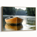 Framed canvas of a vintage-style rowboat landscape painting with muted earth tones.