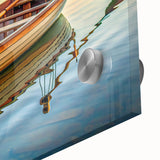 Mid-century modernist large abstract art print of rowboats, in vibrant blues and oranges on acrylic glass.