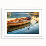 Extra large abstract art print of a rowboat, utilizing textured grays and blues on a white framed canvas.