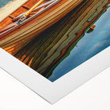 Art deco poster of a rowboat on water, in muted blue tones, rolled canvas, suitable for dining room wall art.