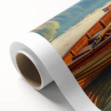 Art deco poster of a rowboat on water in muted blues and greens on rolled canvas, ideal for nursery wall art.