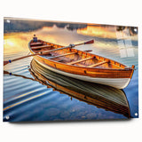 Acrylic print of a side-view rowboat in muted blue and gray tones, suitable for dining room decor.