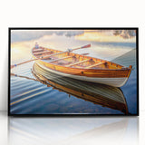 Large abstract wall art featuring a stylized rowboat in muted earth tones, framed in black acrylic.