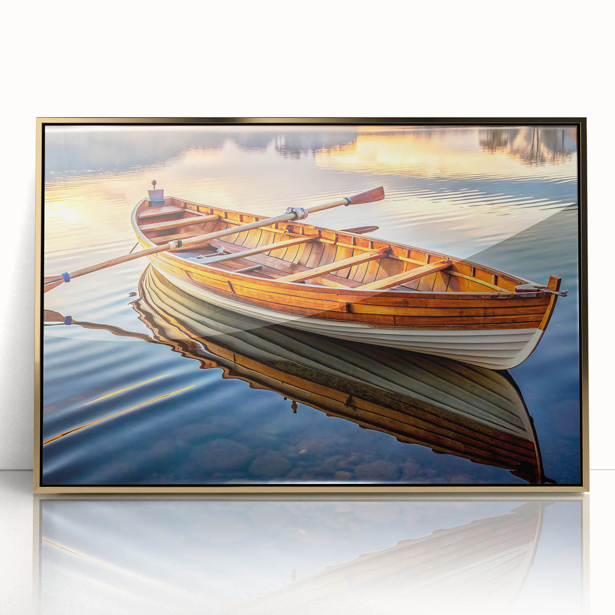 Mid-century modernist art of a rowboat in muted earth tones, acrylic on framed gold, ideal for nursery wall decor.