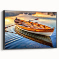 Black and white framed canvas featuring a vintage rowboat in a tranquil landscape, ideal for bedroom decor.