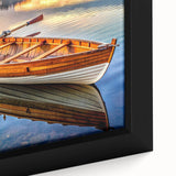 Extra large framed canvas featuring a textured image of a black rowboat, accented with colorful art details.