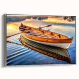 Vintage poster art of a rowboat in black and colorful hues, framed canvas, ideal for living room decor.